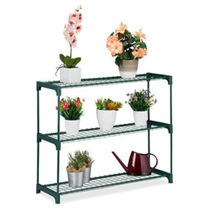 relaxdays plant stand, 3 tiers, storage for flower pots, indoor, iron & plastic, h x w x d 74.5 x 91 x 28.5, green, pack of 1