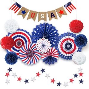 14 psc patriotic party decorations memorial day decorations veterans day party decorations, 4th of july american flag party supplies foldable colorful paper fans, tissue paper pom poms, star streamers, love usa banner party favors for american theme party