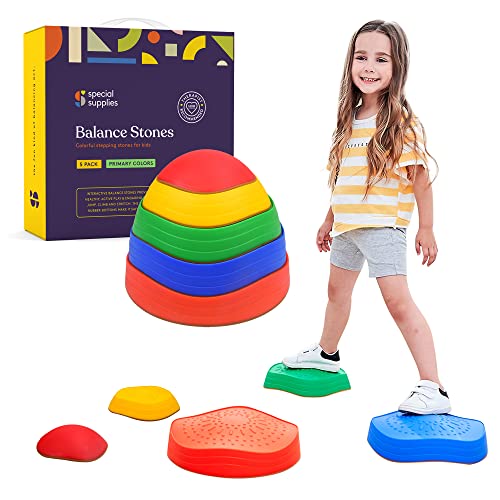 Special Supplies Stepping Stones for Kids, 5 Balance Indoor and Outdoor Blocks Promote Coordination, Balance, Strength, Child Safe Rubber, Non-Slip Edging, Stackable (Primary)