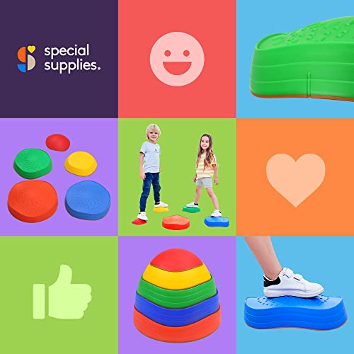 Special Supplies Stepping Stones for Kids, 5 Balance Indoor and Outdoor Blocks Promote Coordination, Balance, Strength, Child Safe Rubber, Non-Slip Edging, Stackable (Primary)