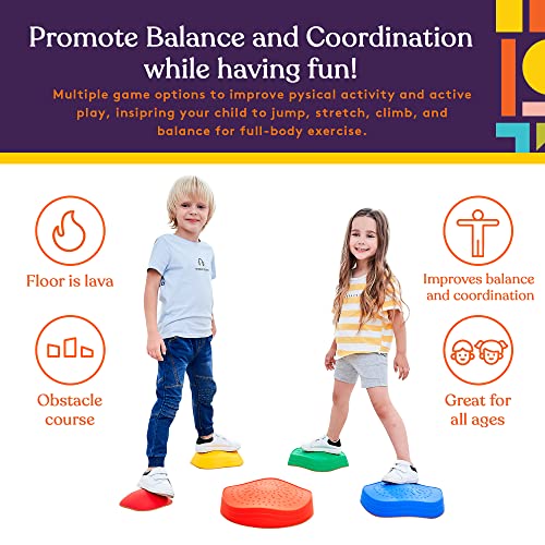 Special Supplies Stepping Stones for Kids, 5 Balance Indoor and Outdoor Blocks Promote Coordination, Balance, Strength, Child Safe Rubber, Non-Slip Edging, Stackable (Primary)