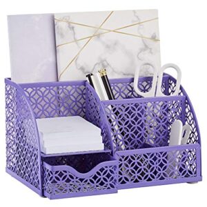 annova mesh desk organizer office with 7 compartments + drawer/desk tidy candy/pen holder/multifunctional organizer - purple