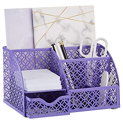 Annova Mesh Desk Organizer Office with 7 Compartments + Drawer/Desk Tidy Candy/Pen Holder/Multifunctional Organizer - Purple