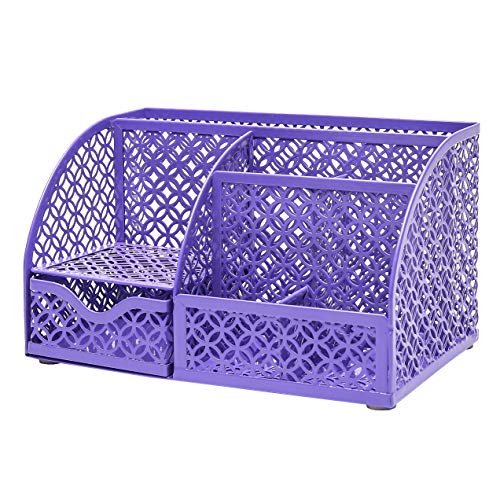 Annova Mesh Desk Organizer Office with 7 Compartments + Drawer/Desk Tidy Candy/Pen Holder/Multifunctional Organizer - Purple