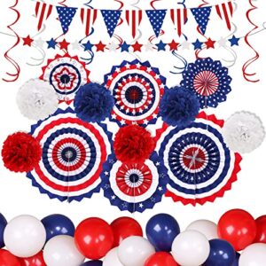 ivenf bunny chorus 4th of july decorations set 62pcs: red white blue independence day patriotic decor, large paper fans, pom poms, usa flag pennant banner, balloons, star streamer for memorial day
