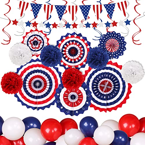 Ivenf Bunny Chorus 4th of July Decorations Set 62pcs: Red White Blue Independence Day Patriotic Decor, Large Paper Fans, Pom Poms, USA Flag Pennant Banner, Balloons, Star Streamer for Memorial Day