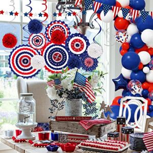 Ivenf Bunny Chorus 4th of July Decorations Set 62pcs: Red White Blue Independence Day Patriotic Decor, Large Paper Fans, Pom Poms, USA Flag Pennant Banner, Balloons, Star Streamer for Memorial Day