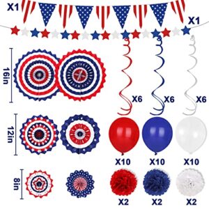 Ivenf Bunny Chorus 4th of July Decorations Set 62pcs: Red White Blue Independence Day Patriotic Decor, Large Paper Fans, Pom Poms, USA Flag Pennant Banner, Balloons, Star Streamer for Memorial Day