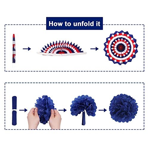 Ivenf Bunny Chorus 4th of July Decorations Set 62pcs: Red White Blue Independence Day Patriotic Decor, Large Paper Fans, Pom Poms, USA Flag Pennant Banner, Balloons, Star Streamer for Memorial Day