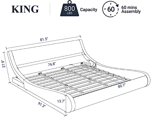 Allewie Upholstered King Size Platform Bed Frame Modern Low Profile Sleigh Bed with Faux Leather Headboard, Easy Assembly, No Box Spring Needed, Black and White