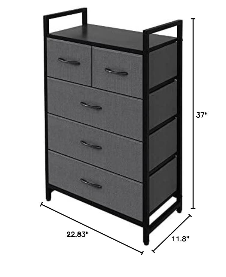 AZL1 Life Concept Storage Dresser Furniture Unit - Large Standing Organizer Chest for Bedroom, Office, Living Room, and Closet - 5 Drawers Removable Fabric Bins - Dark Grey