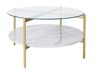signature design by ashley wynora contemporary round coffee table with glass & faux marble, white & gold