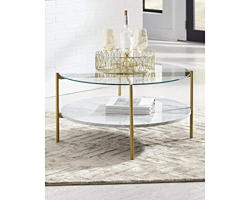 Signature Design by Ashley Wynora Contemporary Round Coffee Table with Glass & Faux Marble, White & Gold