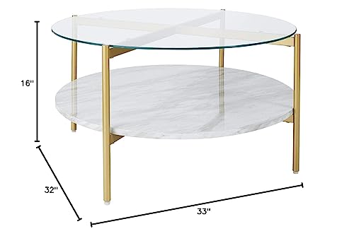 Signature Design by Ashley Wynora Contemporary Round Coffee Table with Glass & Faux Marble, White & Gold
