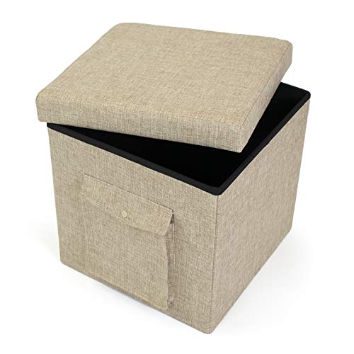 Humble Crew Folding Storage Ottoman Cube with Exterior Multi Purpose Pocket, Heathered Khaki