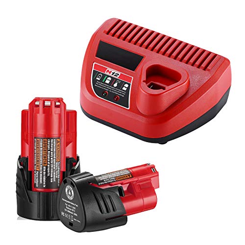 2 Packs 12V Lithium M12 Replacement Battery and M12 Rapid Charger Compatible with Milwaukee M12 12-Volt Lithium-Ion XC Battery and Charger