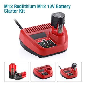 2 Packs 12V Lithium M12 Replacement Battery and M12 Rapid Charger Compatible with Milwaukee M12 12-Volt Lithium-Ion XC Battery and Charger