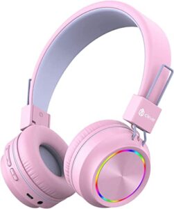 iclever bth03 kids bluetooth headphones safe volume, colorful led lights, 25h playtime, stereo sound mic, bluetooth 5.0, foldable, on ear kids wireless headphones for tablet airplane (pink)