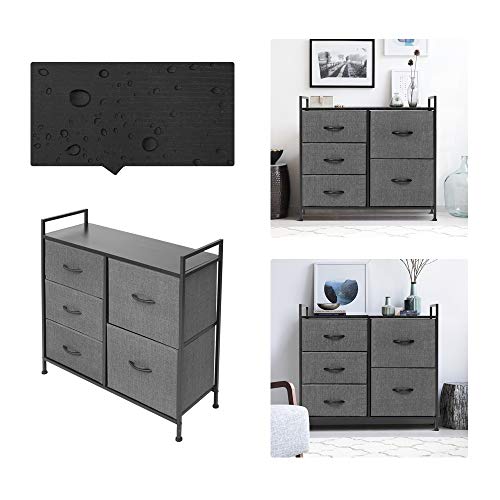 AZL1 Life Concept Wide Dresser Storage Tower with Sturdy Steel Frame, Wood Top, 5 Drawers of Easy-Pull Fabric Bins, Organizer Unit, Dark Grey 3-5