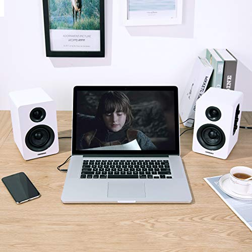 Sanyun SW208 3" Active Bluetooth 5.0 Bookshelf Speakers – 60W Carbon Fiber Speaker Unit - Built-in 24bit DAC - Dynamic 3D Surround Sound – 2.0 Computer PC Monitor Gaming Speakers (Pair, White)