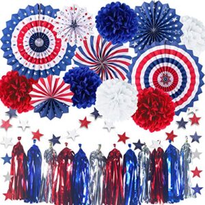 cmaone 25pcs patriotic party decorations set, 4th of july american flag party supplies hanging paper fans, pom poms, red white blue star garland, tassel garlands string, american theme party decor