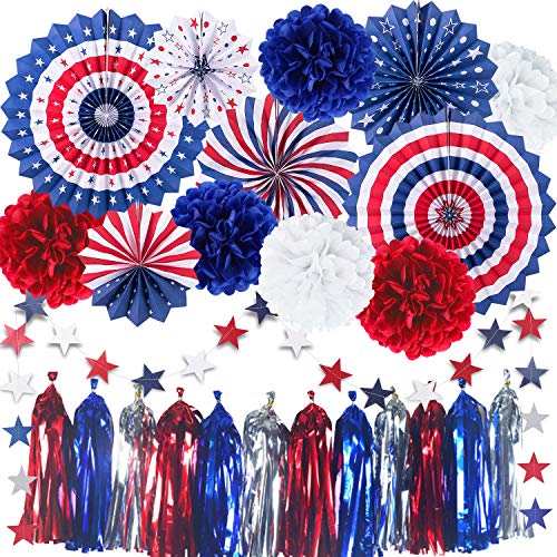 Cmaone 25Pcs Patriotic Party Decorations Set, 4th of July American Flag Party Supplies Hanging Paper Fans, Pom Poms, Red White Blue Star Garland, Tassel Garlands String, American Theme Party Decor