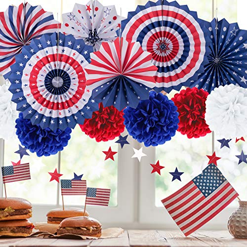 Cmaone 25Pcs Patriotic Party Decorations Set, 4th of July American Flag Party Supplies Hanging Paper Fans, Pom Poms, Red White Blue Star Garland, Tassel Garlands String, American Theme Party Decor