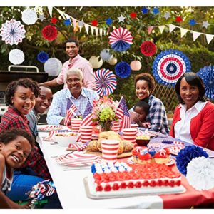 Cmaone 25Pcs Patriotic Party Decorations Set, 4th of July American Flag Party Supplies Hanging Paper Fans, Pom Poms, Red White Blue Star Garland, Tassel Garlands String, American Theme Party Decor