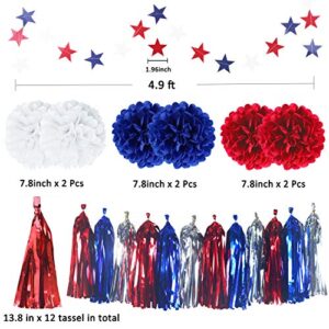 Cmaone 25Pcs Patriotic Party Decorations Set, 4th of July American Flag Party Supplies Hanging Paper Fans, Pom Poms, Red White Blue Star Garland, Tassel Garlands String, American Theme Party Decor