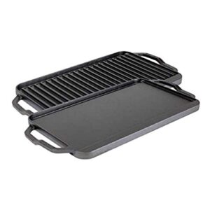 lodge chef collection 20x10 inch cast iron chef style reversible grill/griddle. two-in-one seasoned cookware for stovetop burners or a campfire. made from quality materials to last a lifetime