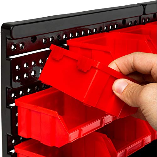 WISION Wall Mounted Storage Bins, 30 Wall Mount Tool Organizer Bins Parts Rack Container, Easy Access Compartments For Tools, Hardware, Crafts, Office Supplies And More, Blackred