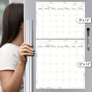 Dry Erase Monthly Calendar Planner Sticker Decal | Removable & Reusable | Magnetic Fine-Tip Marker Included (9 x 12 inches, Marble)