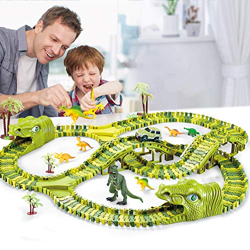 Dinosaur Toys, 260 Pcs Dinosaur Car Race Track Toy with 3 Cars Playset, Includes 250 Flexible Train Track, 7 Dinosaur and 2 Dinosaur Head Best Gift for Boys Girls Ages 3 4 5 6 7Years Old and Up