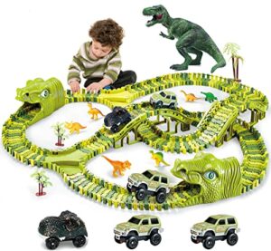 dinosaur toys, 260 pcs dinosaur car race track toy with 3 cars playset, includes 250 flexible train track, 7 dinosaur and 2 dinosaur head best gift for boys girls ages 3 4 5 6 7years old and up