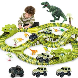 Dinosaur Toys, 260 Pcs Dinosaur Car Race Track Toy with 3 Cars Playset, Includes 250 Flexible Train Track, 7 Dinosaur and 2 Dinosaur Head Best Gift for Boys Girls Ages 3 4 5 6 7Years Old and Up