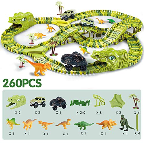 Dinosaur Toys, 260 Pcs Dinosaur Car Race Track Toy with 3 Cars Playset, Includes 250 Flexible Train Track, 7 Dinosaur and 2 Dinosaur Head Best Gift for Boys Girls Ages 3 4 5 6 7Years Old and Up