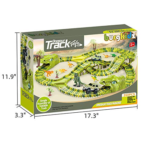 Dinosaur Toys, 260 Pcs Dinosaur Car Race Track Toy with 3 Cars Playset, Includes 250 Flexible Train Track, 7 Dinosaur and 2 Dinosaur Head Best Gift for Boys Girls Ages 3 4 5 6 7Years Old and Up