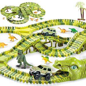 Dinosaur Toys, 260 Pcs Dinosaur Car Race Track Toy with 3 Cars Playset, Includes 250 Flexible Train Track, 7 Dinosaur and 2 Dinosaur Head Best Gift for Boys Girls Ages 3 4 5 6 7Years Old and Up