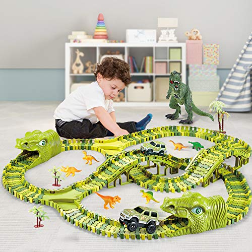 Dinosaur Toys, 260 Pcs Dinosaur Car Race Track Toy with 3 Cars Playset, Includes 250 Flexible Train Track, 7 Dinosaur and 2 Dinosaur Head Best Gift for Boys Girls Ages 3 4 5 6 7Years Old and Up