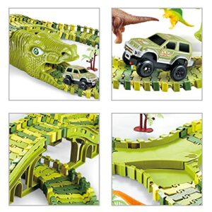 Dinosaur Toys, 260 Pcs Dinosaur Car Race Track Toy with 3 Cars Playset, Includes 250 Flexible Train Track, 7 Dinosaur and 2 Dinosaur Head Best Gift for Boys Girls Ages 3 4 5 6 7Years Old and Up