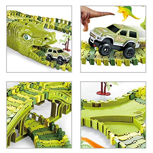 Dinosaur Toys, 260 Pcs Dinosaur Car Race Track Toy with 3 Cars Playset, Includes 250 Flexible Train Track, 7 Dinosaur and 2 Dinosaur Head Best Gift for Boys Girls Ages 3 4 5 6 7Years Old and Up