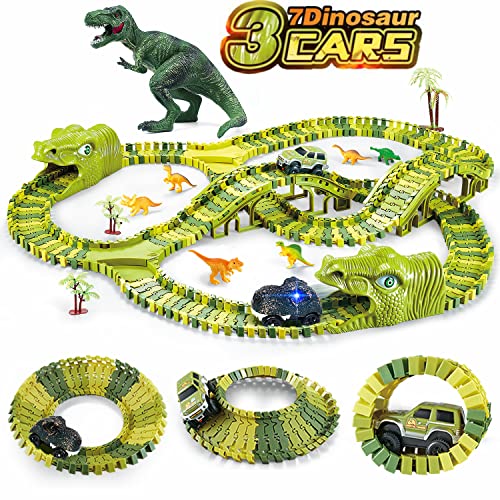 Dinosaur Toys, 260 Pcs Dinosaur Car Race Track Toy with 3 Cars Playset, Includes 250 Flexible Train Track, 7 Dinosaur and 2 Dinosaur Head Best Gift for Boys Girls Ages 3 4 5 6 7Years Old and Up