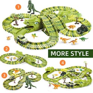 Dinosaur Toys, 260 Pcs Dinosaur Car Race Track Toy with 3 Cars Playset, Includes 250 Flexible Train Track, 7 Dinosaur and 2 Dinosaur Head Best Gift for Boys Girls Ages 3 4 5 6 7Years Old and Up