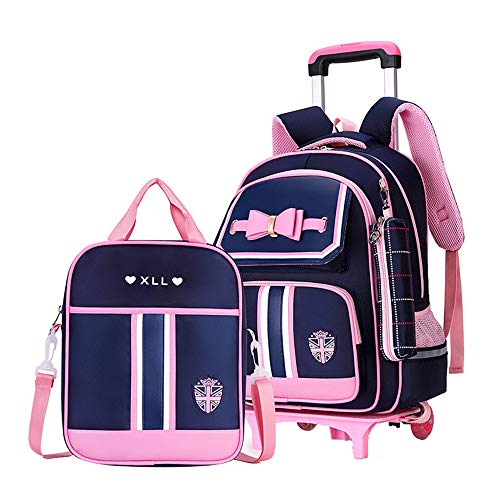 Bowknot Kids Girls Rolling Backpack Cute Carry-on Luggage with Wheels Trolly BookBag for School-2 Wheels