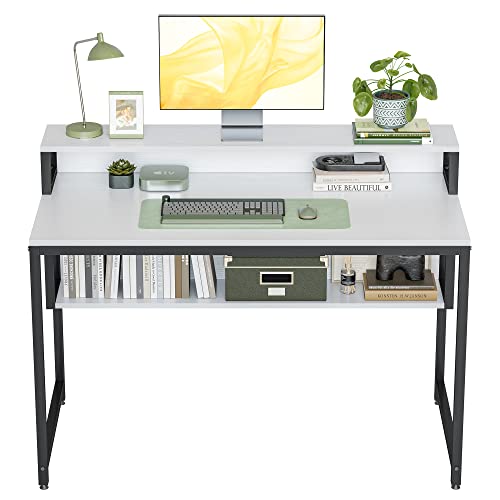 Cubiker Computer Home Office Desk, 47" Small Desk Table with Storage Shelf and Bookshelf, Study Writing Table Modern Simple Style Space Saving Design, White