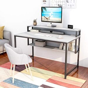 Cubiker Computer Home Office Desk, 47" Small Desk Table with Storage Shelf and Bookshelf, Study Writing Table Modern Simple Style Space Saving Design, White