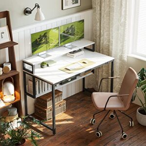 Cubiker Computer Home Office Desk, 47" Small Desk Table with Storage Shelf and Bookshelf, Study Writing Table Modern Simple Style Space Saving Design, White