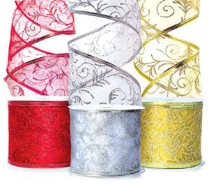 holiday ribbon christmas ribbons xmas wired sheer 2.5 organza wire edged red, gold, silver/white glitter holidays gift wrapping, tree decoration crafts/craft, gifts wrap 30 yards/10 yard ea. roll