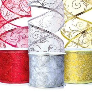 Holiday Ribbon Christmas Ribbons Xmas Wired Sheer 2.5 Organza Wire Edged Red, Gold, Silver/White Glitter Holidays Gift Wrapping, Tree Decoration Crafts/Craft, Gifts Wrap 30 Yards/10 Yard Ea. Roll