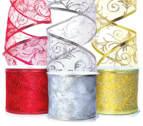 Holiday Ribbon Christmas Ribbons Xmas Wired Sheer 2.5 Organza Wire Edged Red, Gold, Silver/White Glitter Holidays Gift Wrapping, Tree Decoration Crafts/Craft, Gifts Wrap 30 Yards/10 Yard Ea. Roll